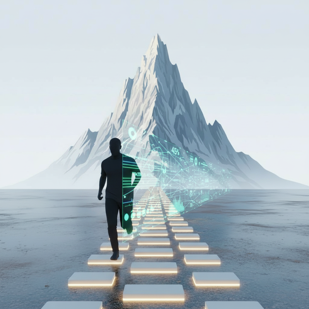 Conceptual image of a runner on a track with a digital overlay of nutrition data and charts, symbolizing performance-driven sports nutrition and macro precision.