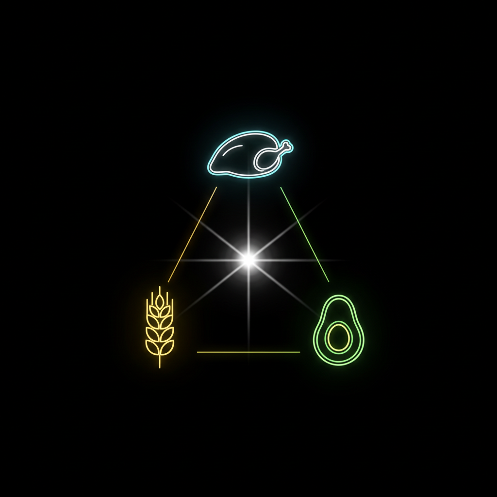 Minimalist conceptual image on a black background featuring glowing icons of a chicken breast, wheat stalk, and avocado slice, representing the balance of protein, carbs, and fats.