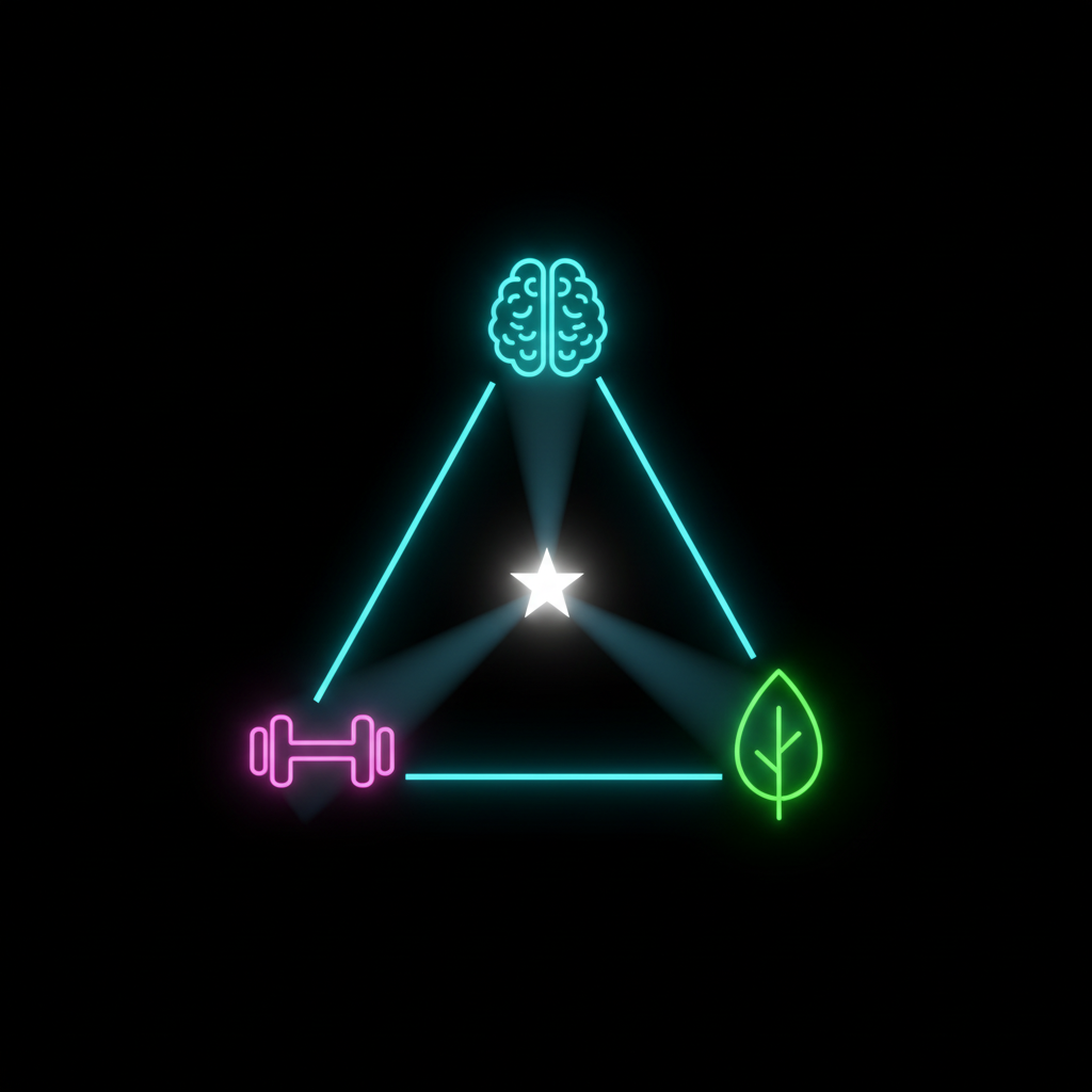 Conceptual image of three glowing icons (mind, fitness, nutrition) connected to a central star, symbolizing Fitabu's three-pillar coaching team.