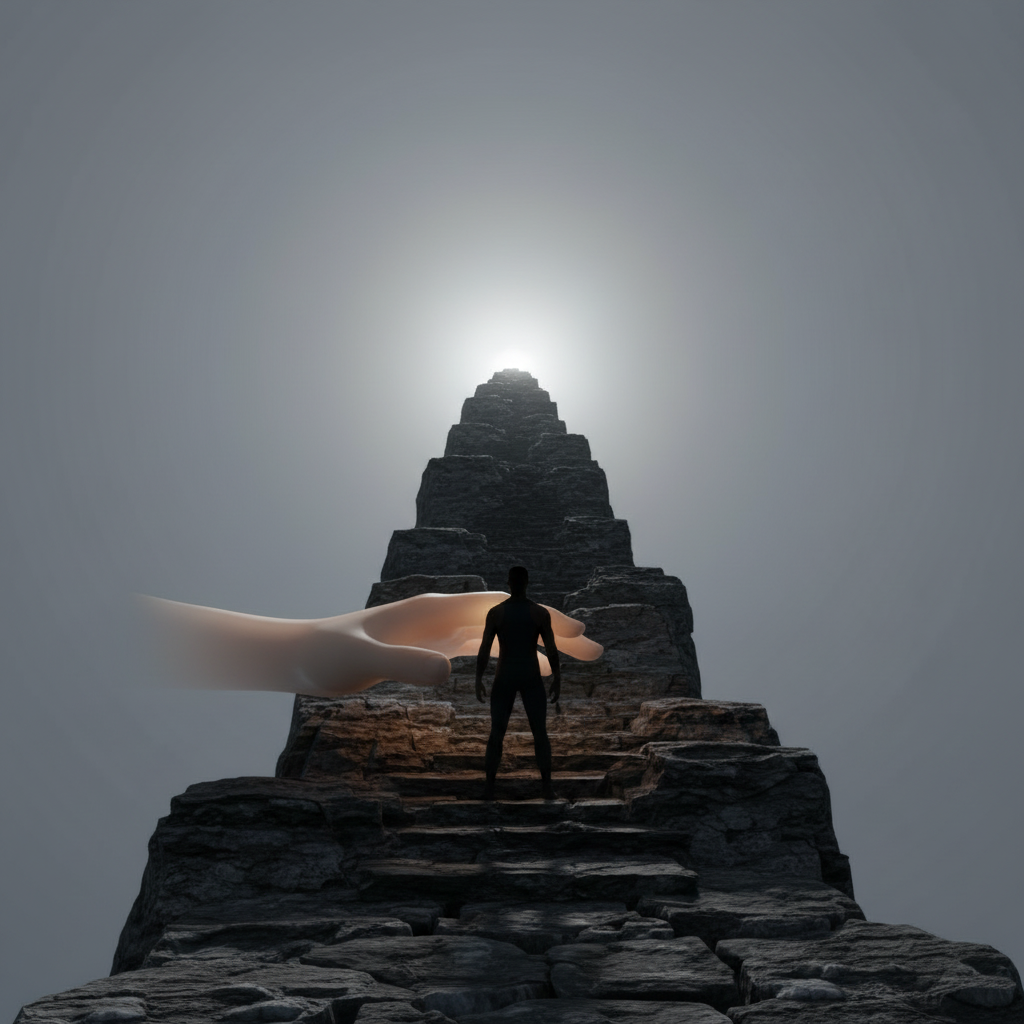 Conceptual image of a supportive hand guiding a person climbing a steep path, symbolizing fitness coaching and guidance without dependency.