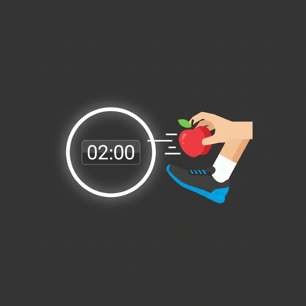2 Minute Rule: Minimalist illustration of a timer and a quick action (picking up fruit) to start a new habit.