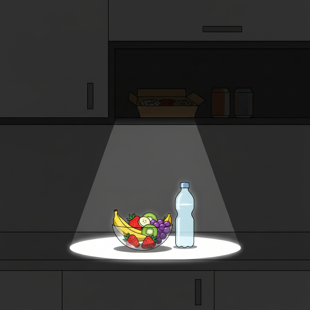 Environment Design: Graphic showing healthy food placed prominently in the foreground for better habit formation.