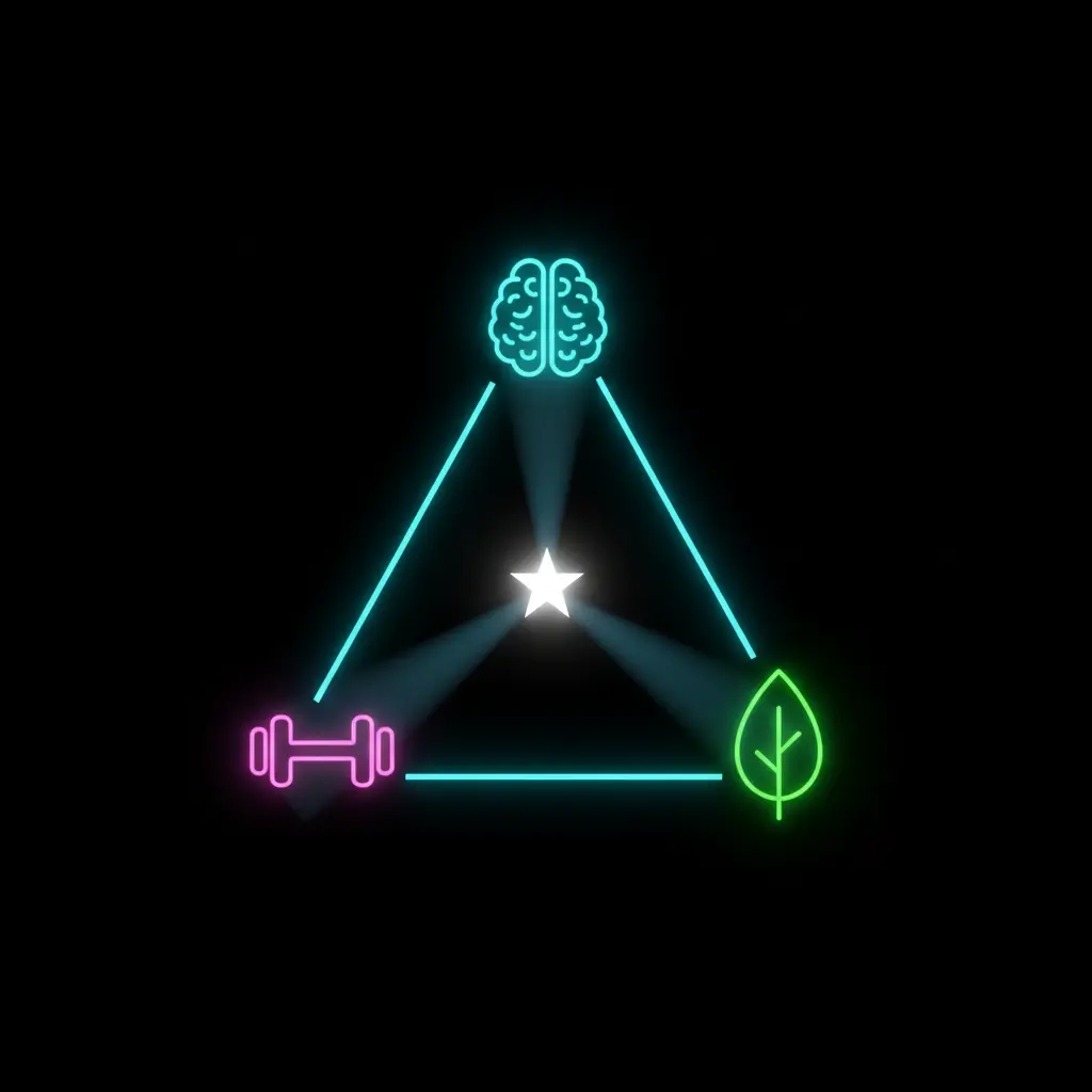 Conceptual image of three glowing icons (mind, fitness, nutrition) connected to a central star, symbolizing Fitabu's three-pillar coaching team.
