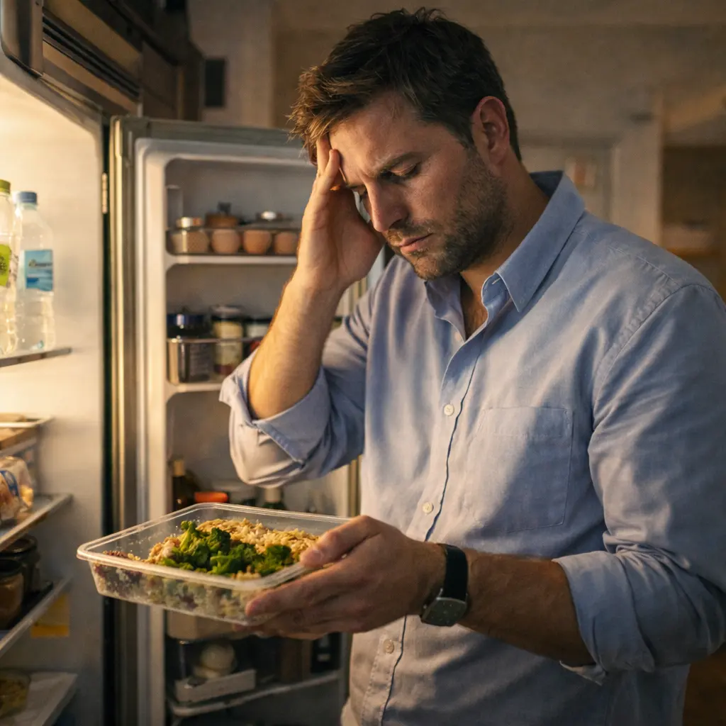 کارمند خسته پس از یک روز کاری شلوغ در خانه، در حال آماده‌کردن غذای از قبل آماده‌شده سالم