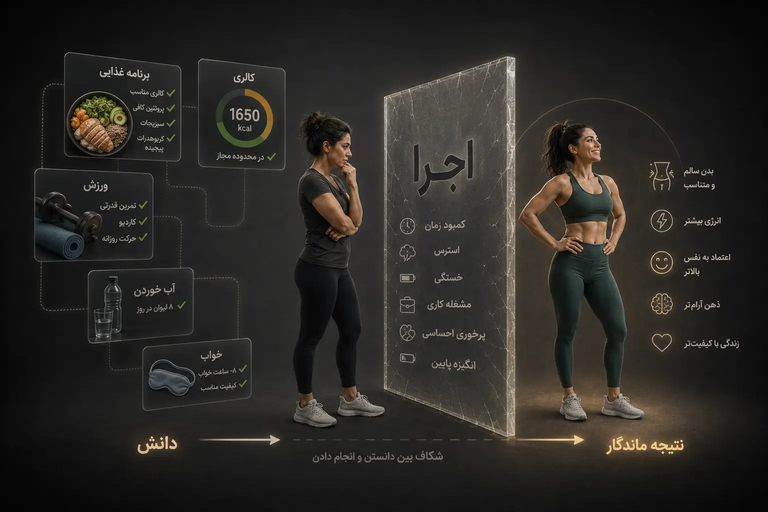 اینفوگرافیک تفاوت بین دانستن اصول تناسب اندام و پایبندی عملی به آن‌ها در زندگی روزمره
