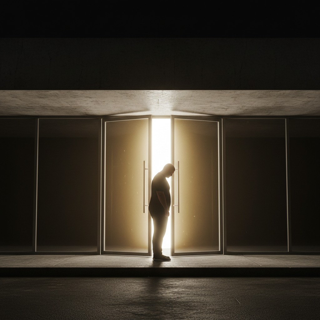 Conceptual image of a person with a heavier build standing fearfully outside a slightly open gym door, symbolizing the fear of judgment and the paralysis of not starting the fitness journey.