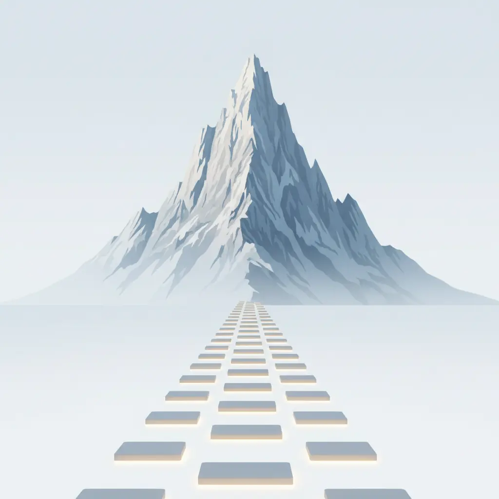 Minimalist image showing a path of small stepping stones leading away from a large, daunting mountain, symbolizing the power of small habits and consistent steps toward a major fitness goal.