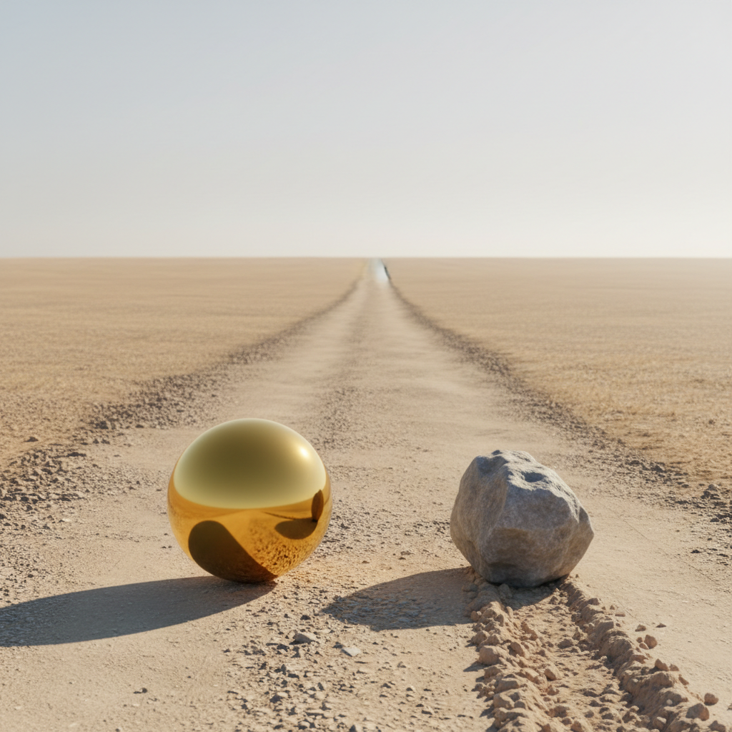  A perfectly polished golden sphere stuck at the starting line next to a rough stone rolling forward on a dirt road, symbolizing perfectionism vs progress in fitness.