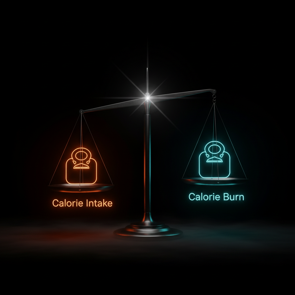 Minimalist conceptual image of a perfectly balanced scale with glowing weights for calorie intake and burn, symbolizing a weight loss plateau.