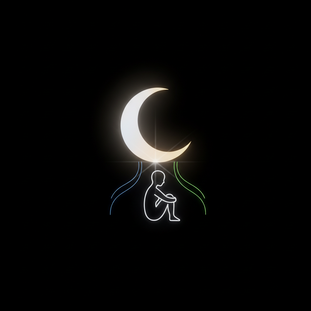 Conceptual minimalist image of a glowing crescent moon embracing a peaceful figure, symbolizing the importance of sleep and recovery for weight loss.