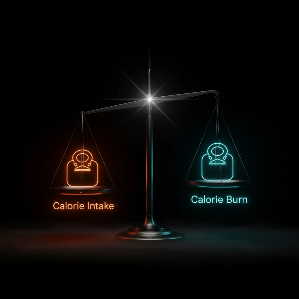 Minimalist conceptual image of a perfectly balanced scale with glowing weights for calorie intake and burn, symbolizing a weight loss plateau.