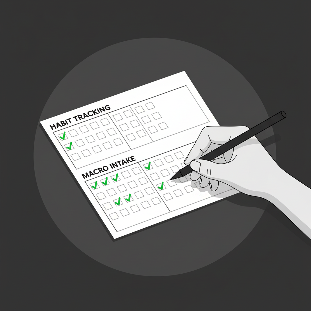 Habit Tracking: Hand marking checkmarks on a stylized planner (Planner Fitabu) for daily macro and habit monitoring.